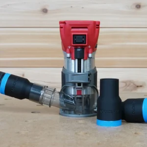 Black ToolCurve hose adapter with blue cuff connected to a Milwaukee M18 trim router, second adapter beside it