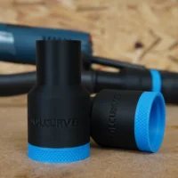 Black hose adapter with blue grip band shown alone and installed on Bosch sander hose in background