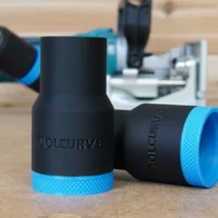 Black and blue 27mm hose adapter with ToolCurve branding, shown standalone and attached to Makita plate joiner in background