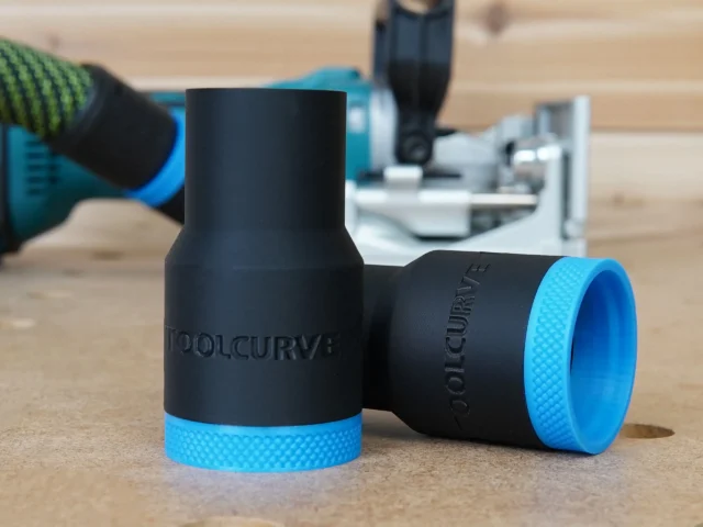 Black and blue 27mm hose adapter with ToolCurve branding, shown standalone and attached to Makita plate joiner in background