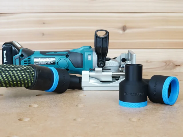 Black 36mm hose adapter with blue collar shown twice beside a Makita cordless plate joiner, one end on a hose
