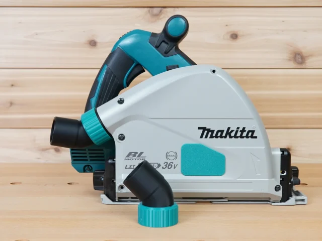 ToolCurve No-Snag Dust Port Adapter attached to a Makita track saw with turquoise hose connector installed