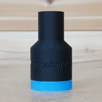 Black hose adapter with blue grip band and ToolCurve branding, front view