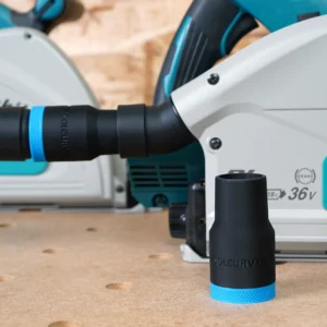 Black ToolCurve hose adapter with blue collar standing upright beside a Makita track saw, a second adapter linking a hose to the saw's dust port