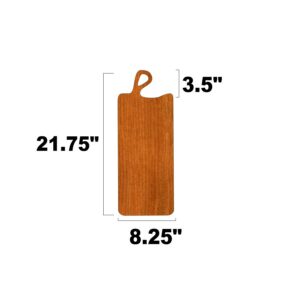 Zona serving board template shape shown in wood with looped handle, labeled 21.75 by 8.25 inches and 3.5 inch handle