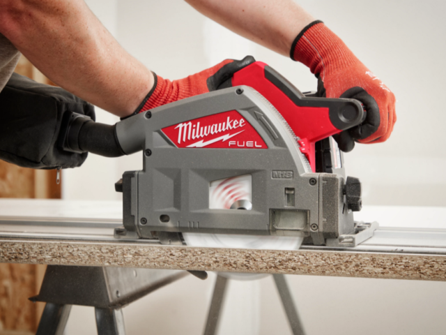 Milwaukee M18 cordless track saw in use