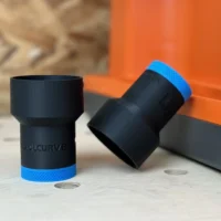 Black ToolCurve hose adapter with blue grip band, shown upright and angled, for Ridgid oscillating edge sander rear dust port