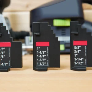 Three black height gauges with red index bands for Festool Domino XL DF700, showing different measurement sets: left gauge 5/8" to 1-1/8", center gauge 1" to 1-1/2", right gauge 5/8" to 1-1/2"