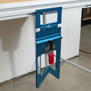 Blue TSO GRS-16 PE guide rail square hanging vertically from a holder in the side t-track of an MFT/3 table