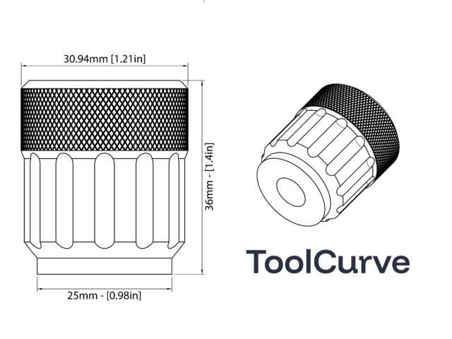 Dewalt DW735 planer stubby handle with threaded shaft and knurled grip, shown in technical drawing with dimensions and 3D perspective view