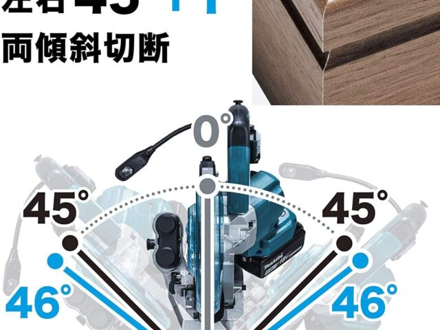 Makita LS610DZ miter saw shown from above with angle indicators marking 45-degree and 46-degree bevel cuts, plus wood molding detail showing angled edges