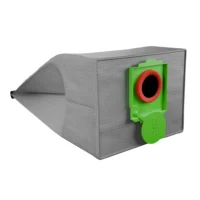 Macam reusable filter bag for Festool CT 26 dust extractor, gray fabric with green outlet adapter and red collar, shown from the side