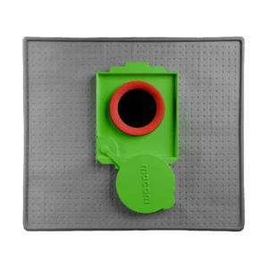 Macam reusable filter bag for Festool CT 36, front view of grey fleece with green collar, red inlet port and hinged cap