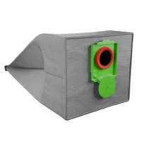Gray fabric reusable filter bag with green mounting bracket and red circular collar, shown attached to gray perforated housing