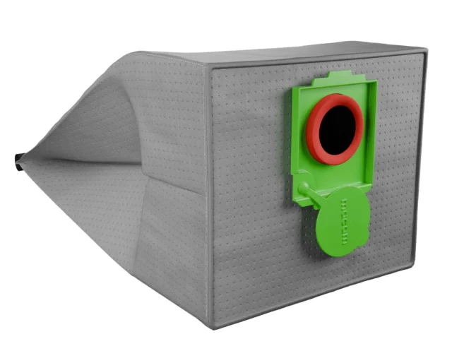Gray fabric reusable filter bag with green mounting bracket and red circular collar, shown attached to gray perforated housing