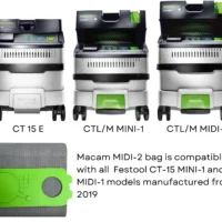 Macam MIDI-2 reusable filter bag in bright green with gray fabric surface, compatible with Festool CT 15, MINI-1, and MIDI-1 dust extractors