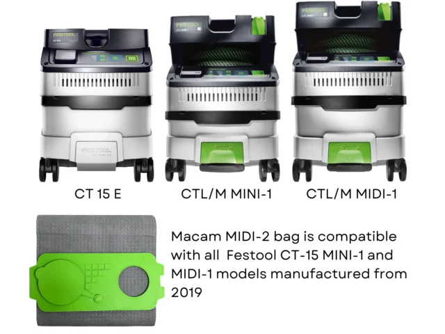 Macam MIDI-2 reusable filter bag in bright green with gray fabric surface, compatible with Festool CT 15, MINI-1, and MIDI-1 dust extractors
