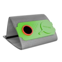 Macam reusable filter bag in bright green with red-rimmed opening, resting in gray fabric storage pouch