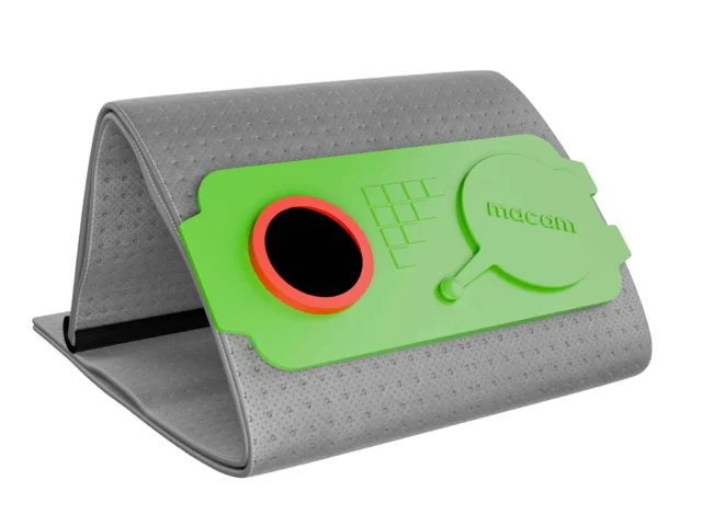 Macam reusable filter bag in bright green with red-rimmed opening, resting in gray fabric storage pouch