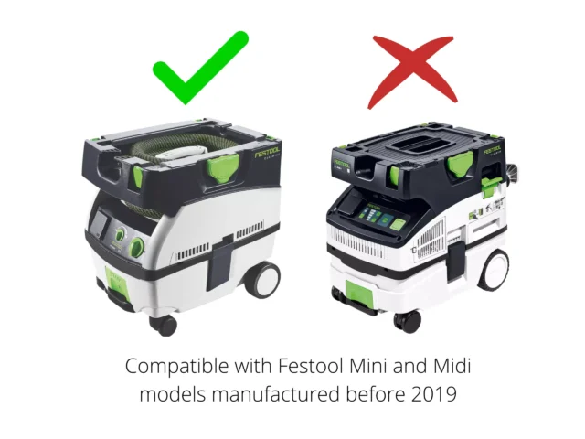 Macam reusable filter bag installed in a Festool CT Mini dust extractor with green checkmark; incompatible with newer CT Midi model shown with red X