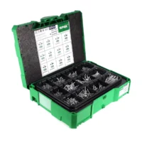 Open green Spax Systainer T-Loc case with black divided tray of assorted screws and a size chart in the lid