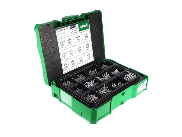 Open green Spax Systainer T-Loc case with black divided tray of assorted screws and a size chart in the lid