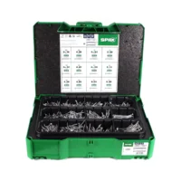 Green Spax Systainer T-Loc case open, showing black compartmented tray with 1,380 screws in 12 sizes, labeled reference chart on lid