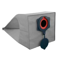 Macam reusable dust bag with gray fleece exterior and red ring opening, shown attached to Bosch VAC090 dust extractor with collection chamber