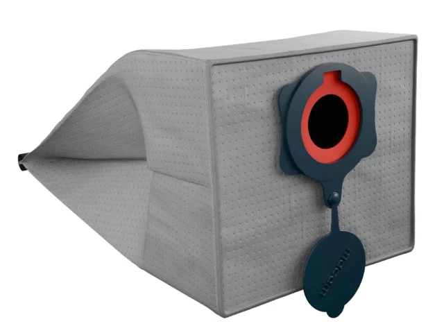 Macam reusable dust bag with gray fleece exterior and red ring opening, shown attached to Bosch VAC090 dust extractor with collection chamber