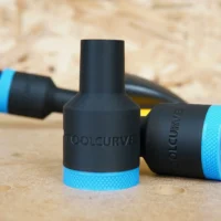 Black ToolCurve hose adapter with blue grip band, shown standalone and attached to black hose with blue band