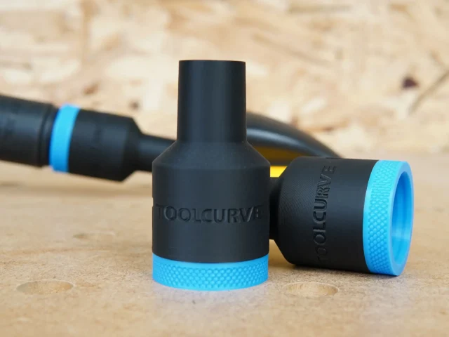 Black ToolCurve hose adapter with blue grip band, shown standalone and attached to black hose with blue band