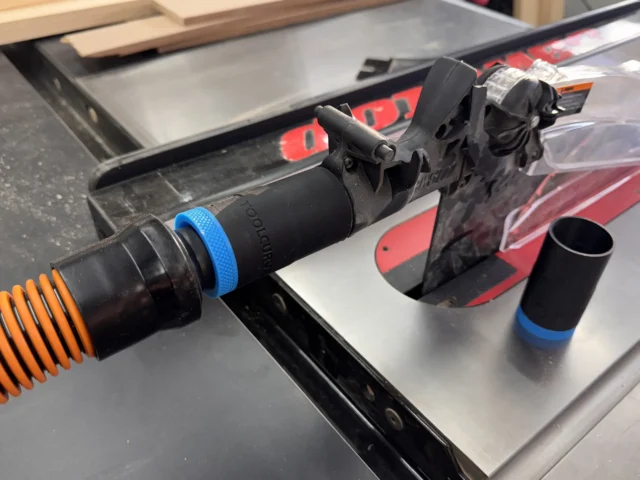 Cast iron Table Saw stop stop hose adapter to use your dust collection shop vac and 1-1/4" hose