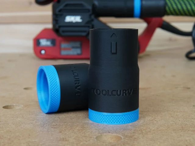 Black hose adapter with blue grip bands shown disassembled, labeled ToolCurve, for SKIL Belt Sander