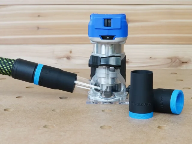 Black and blue hose adapter with 27mm connection displayed next to Kobalt 24v router with hose attached