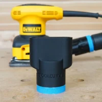 Black ToolCurve hose adapter with blue band, shown in front of a DeWalt 1/4 sheet palm sander