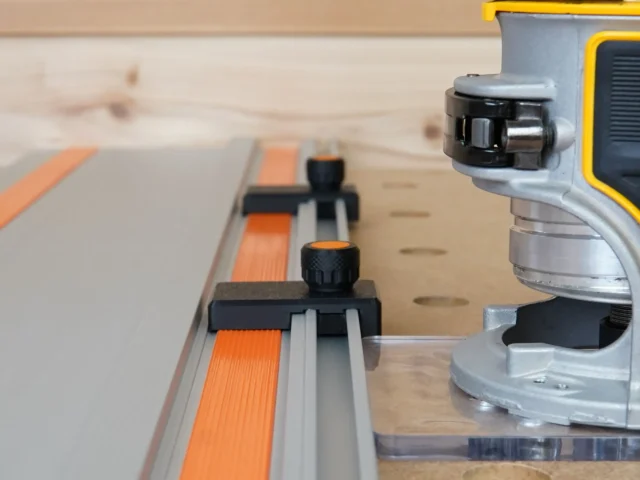 Two black limit stops with orange knurled knobs mounted on a Wen guide rail, positioned at different points along the track
