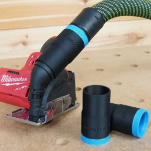 Black ToolCurve hose adapter with blue collar joining a green hose to a Milwaukee M12 cut-out tool, second adapter alongside
