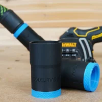 Black hose adapter with blue grip ring for Dewalt cut out tool, shown loose and attached to a Dewalt oscillating tool