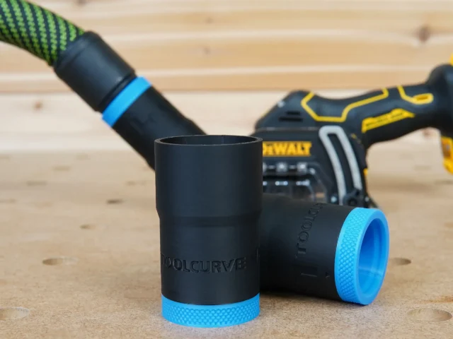 Black hose adapter with blue grip ring for Dewalt cut out tool, shown loose and attached to a Dewalt oscillating tool