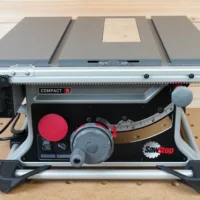 Zero clearance insert mounted on a SawStop Compact table saw, showing the MDF insert fitted flush with the saw table