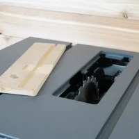 Zero clearance insert for SawStop Compact table saw shown installed in the saw's blade opening, with wooden test piece positioned beside it on the gray table top