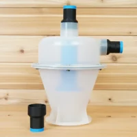 ToolCurve hose adapter for Cen-Tec Quick-Click separator displayed with the white dome separator unit and threaded connectors with blue bands