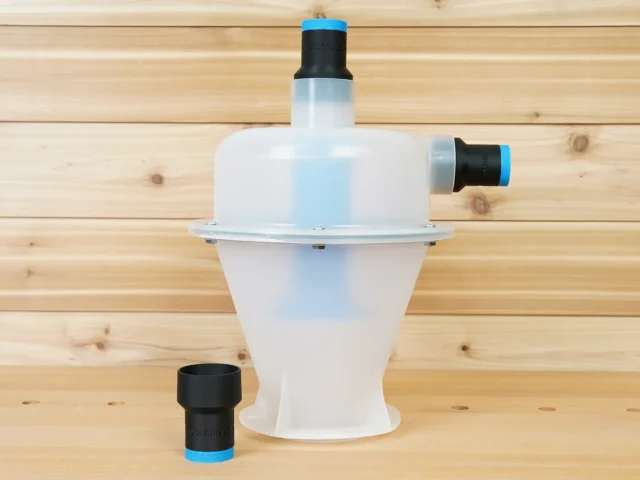 ToolCurve hose adapter for Cen-Tec Quick-Click separator displayed with the white dome separator unit and threaded connectors with blue bands