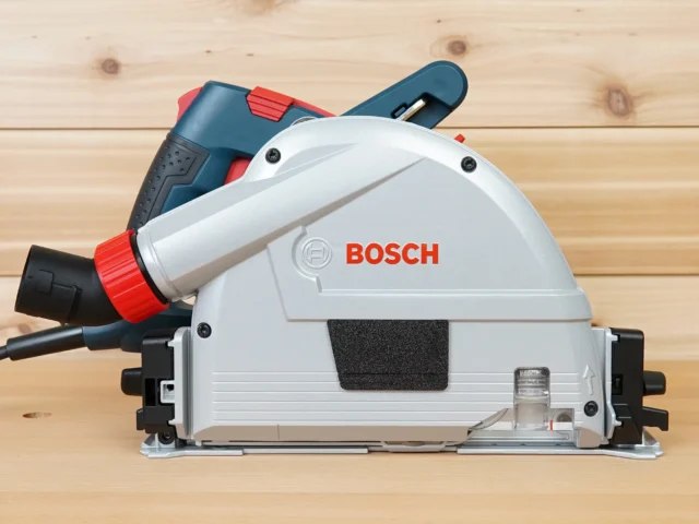 White arbor cover attached to Bosch track saw, showing snap-on design and dust collection enclosure