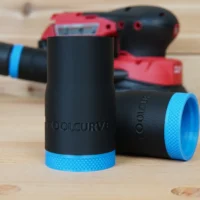 Black ToolCurve hose adapter with blue grip ring, shown standalone and attached to Milwaukee Fuel sander in background