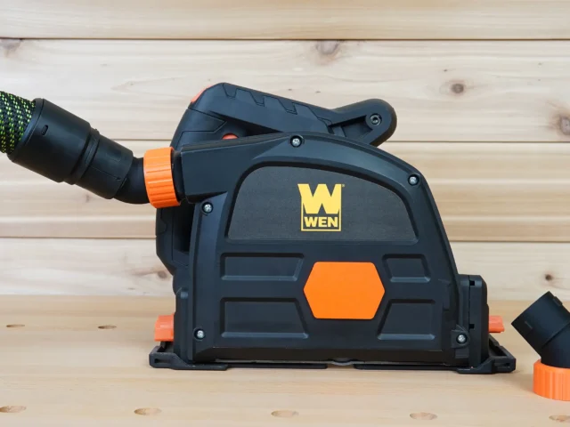 ToolCurve no snag dust port attached to a Wen track saw with hose and quick-change fitting visible