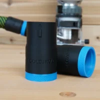 ToolCurve hose adapter for FLEX 24v router with blue grip band, shown in three angles on wood surface next to router