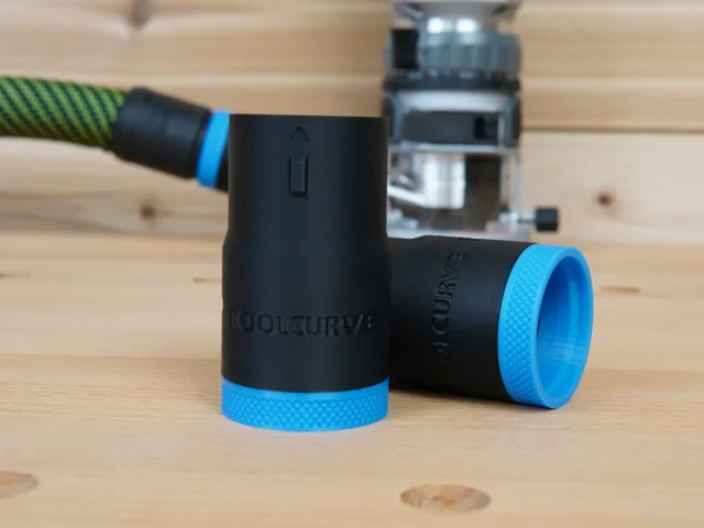 ToolCurve hose adapter for FLEX 24v router with blue grip band, shown in three angles on wood surface next to router