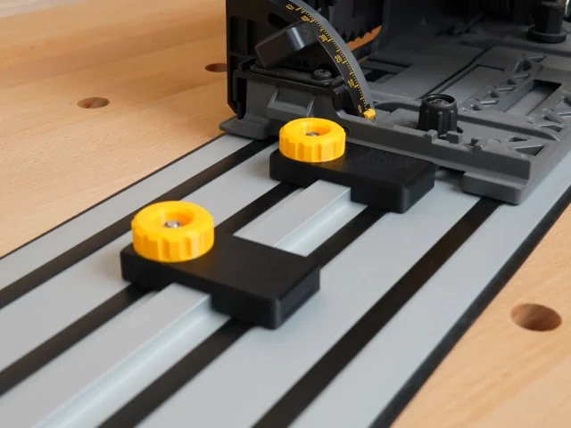 Two black limit stops with yellow knobs mounted on Dewalt guide rails, positioned on a wooden workbench