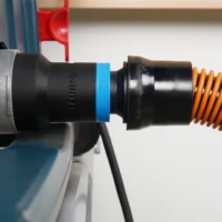 Black ToolCurve 1-1/4 inch hose adapter with blue band joining a Bosch table saw dust port to an orange vac hose